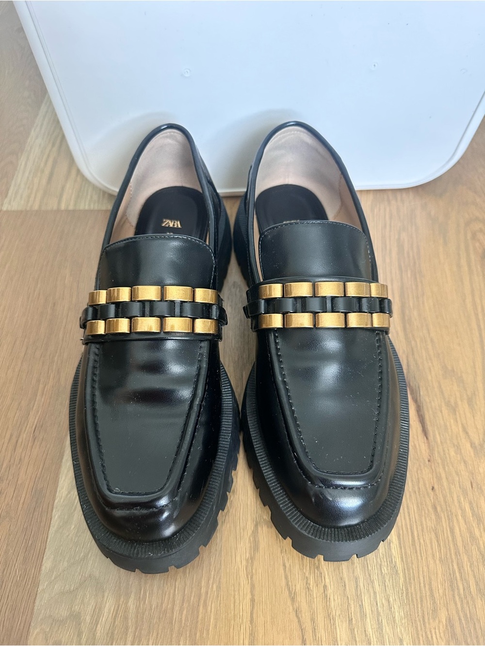Zara Black Leather Loafers with Gold Chain Strap